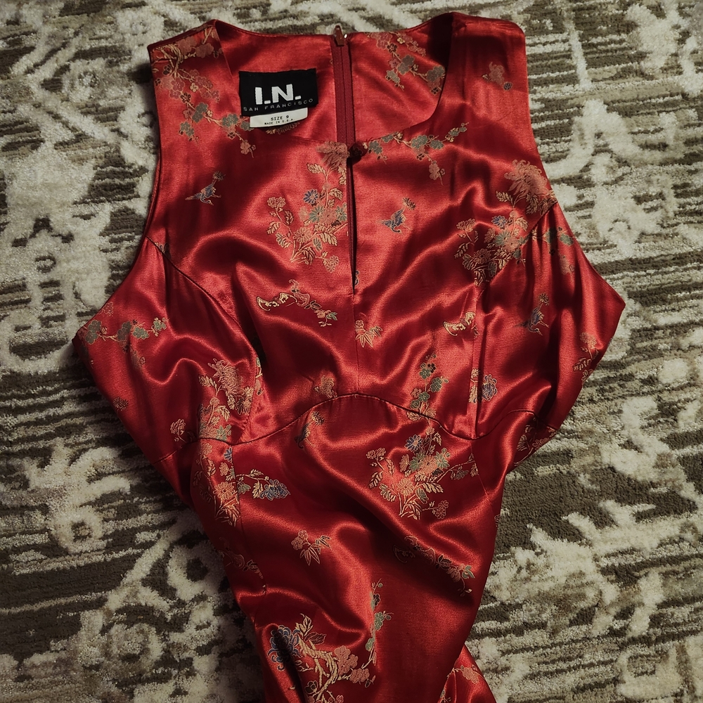 I.N. San Francisco Red Satin Floral Brocade Dress